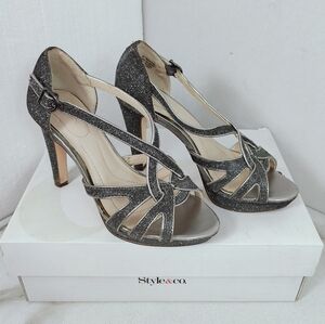 Style & Co. Selina Pewter Shimmer Textile Platform Heels Dress Sandals, Sz 5